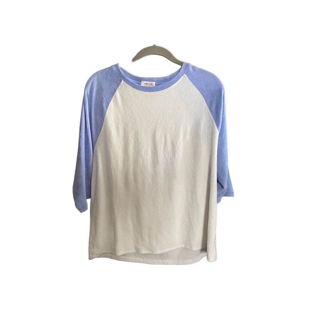 Goldie lewinter raglan style blue and white casual top size large